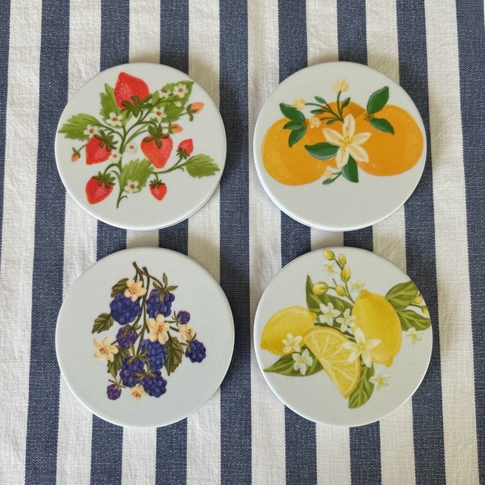 Round Botanical Fruit Ceramic Coasters | Set of 4 | Cottagecore Decor & Gift